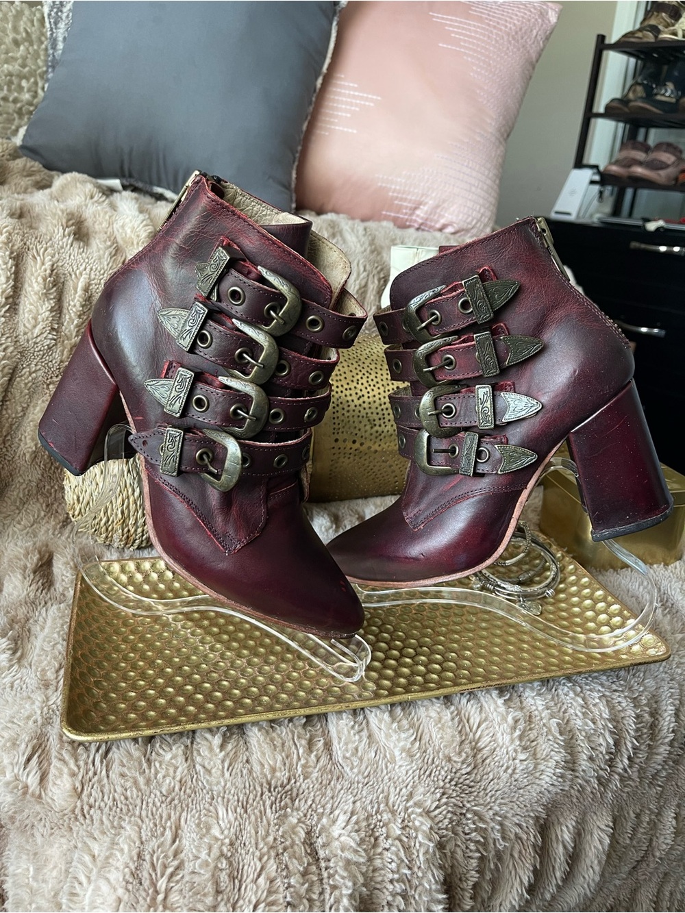 Freebird “Jayden” Distressed Leather Strappy Ankle Booties in Wine/Black Cherry